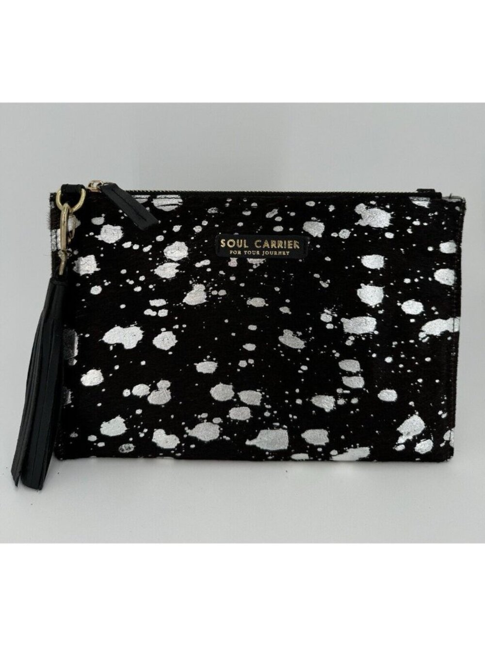 Soul Carrier Black Cowhide Clutch Zip Closure Hair-on Leather Desert Rain/Silver